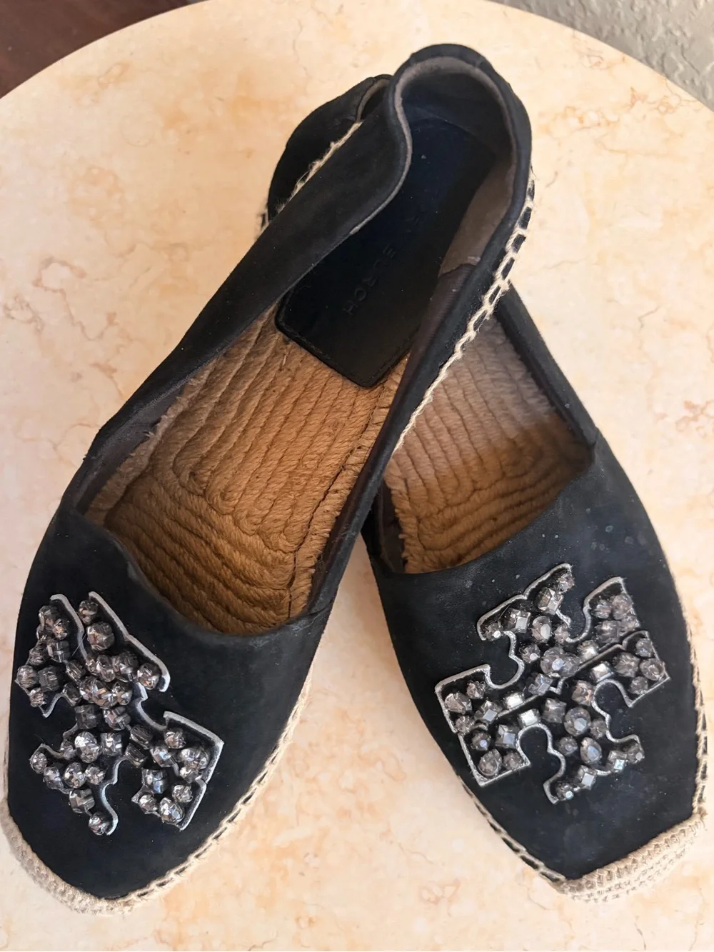 Tory Burch Black Suede Espadrille Flats with Crystal Logo